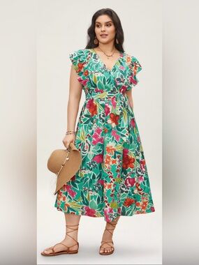 BloomChic Teal Floral Wrap Midi Dress with Pink & Orange Accents